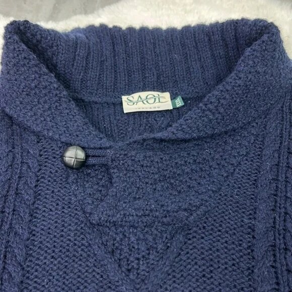 SAOL Irelend Blue Sweater - Merino Wool Aran Shawl Collar - Picture 2 of 7